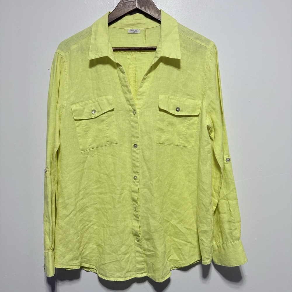 Symple NYC Blouse Womens L Bright Yellow 100% Linen Tunic Lagenlook Beach Resort